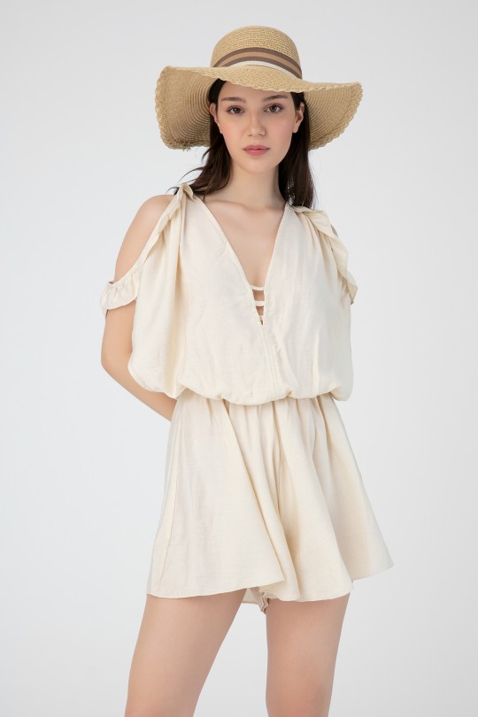 LINEN JUMPSUIT WITH BUST DETAILED SHORTS 