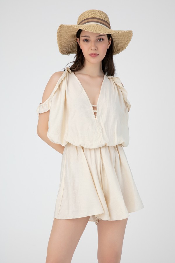 LINEN JUMPSUIT WITH BUST DETAILED SHORTS - 1