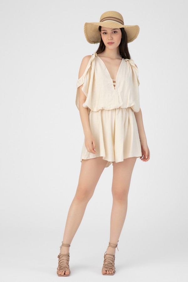 LINEN JUMPSUIT WITH BUST DETAILED SHORTS - 3