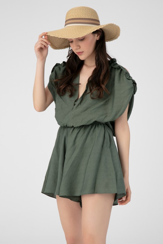 LINEN JUMPSUIT WITH BUST DETAILED SHORTS - Thumbnail
