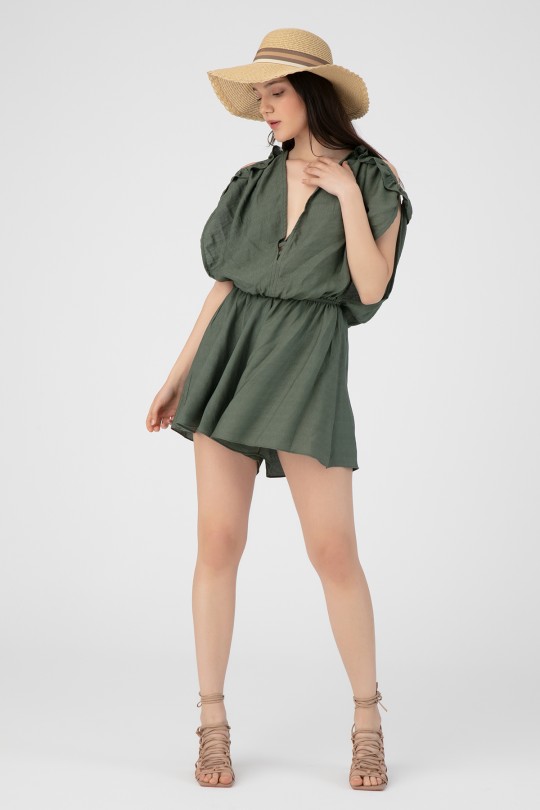LINEN JUMPSUIT WITH BUST DETAILED SHORTS - 2