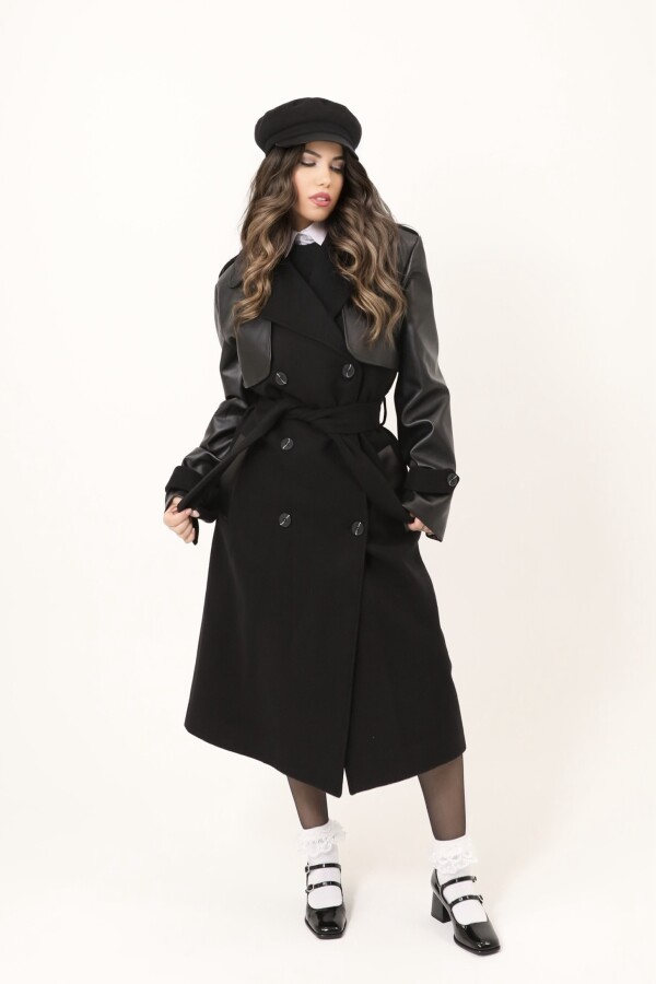 LONG CACHET COAT WITH BLACK LEATHER SLEEVE DETAILED - 1