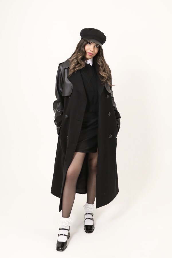 LONG CACHET COAT WITH BLACK LEATHER SLEEVE DETAILED - 2