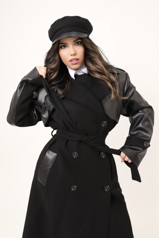 LONG CACHET COAT WITH BLACK LEATHER SLEEVE DETAILED - 4