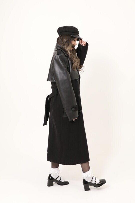 LONG CACHET COAT WITH BLACK LEATHER SLEEVE DETAILED - 5