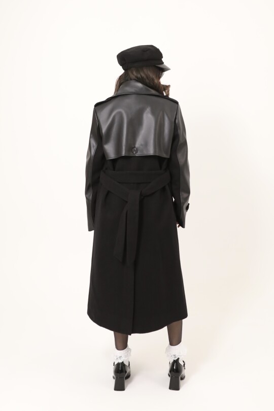 LONG CACHET COAT WITH BLACK LEATHER SLEEVE DETAILED - 6