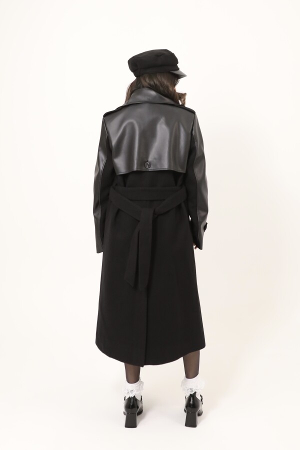 LONG CACHET COAT WITH BLACK LEATHER SLEEVE DETAILED - 6