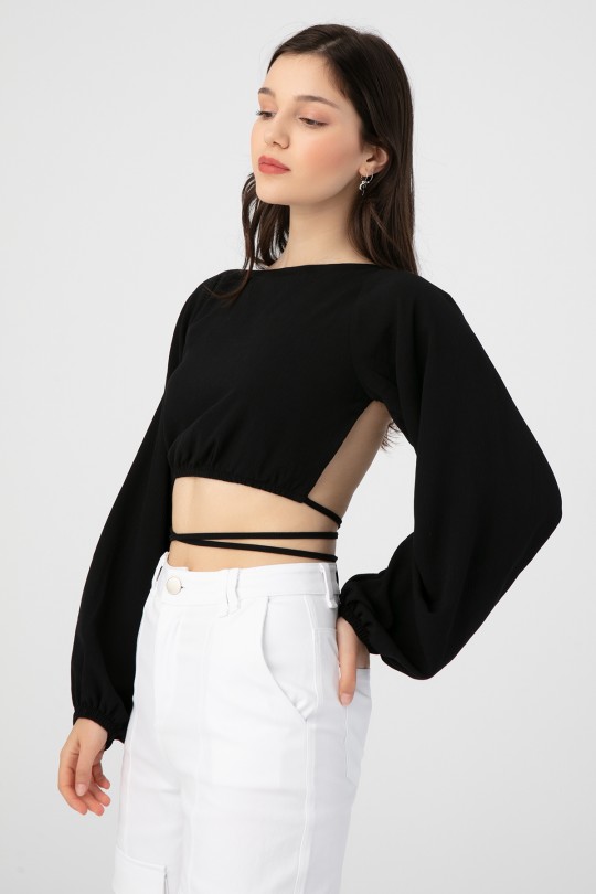 LONG SLEEVE BLOUSE WITH TIE BACK BLACK
