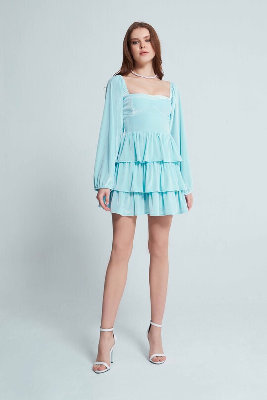 LONG SLEEVE LAYER VELVET DRESS BABY BLUE - 1