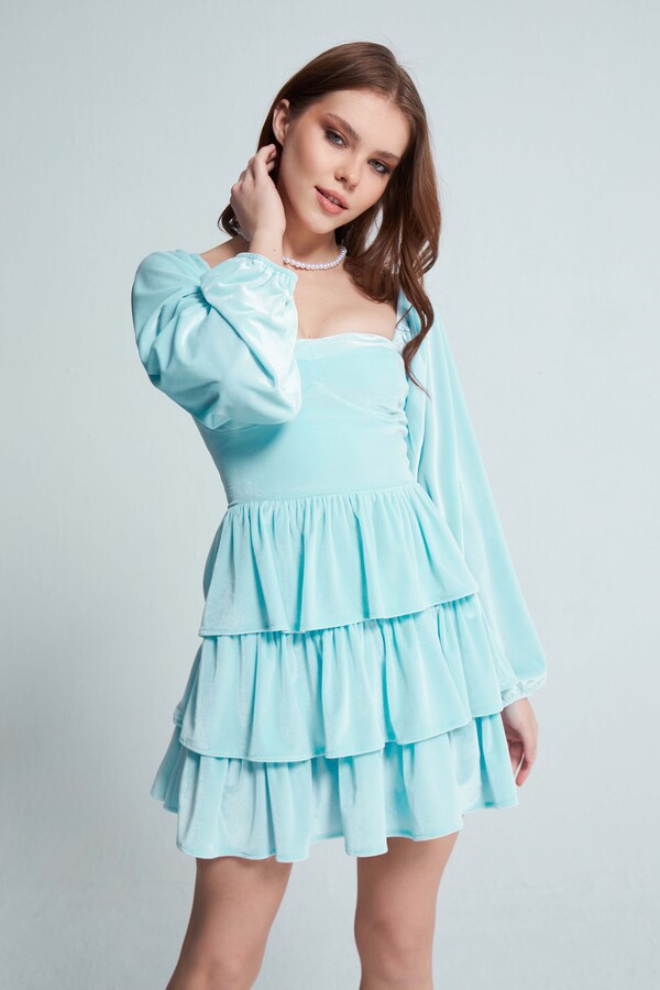 LONG SLEEVE LAYER VELVET DRESS BABY BLUE - 2