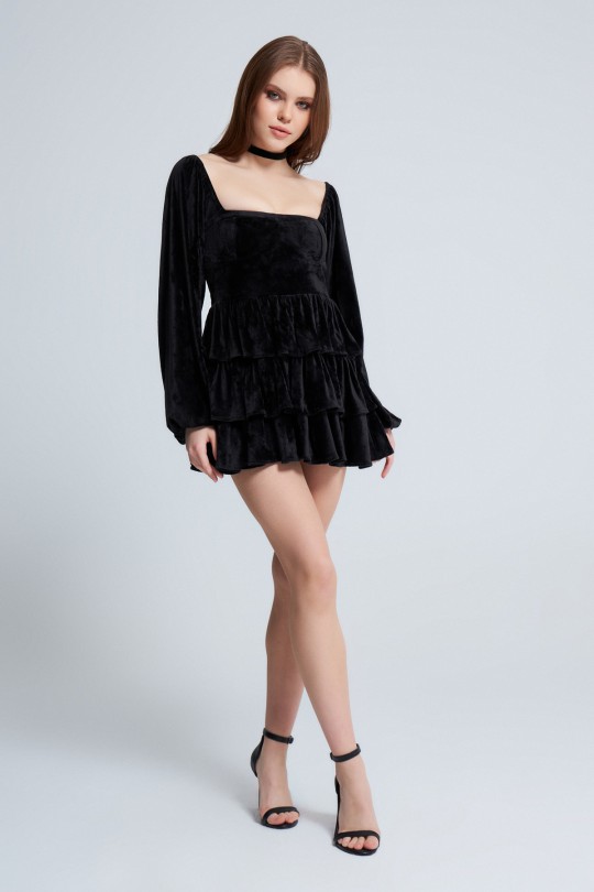 LONG SLEEVE LAYER VELVET DRESS BLACK 