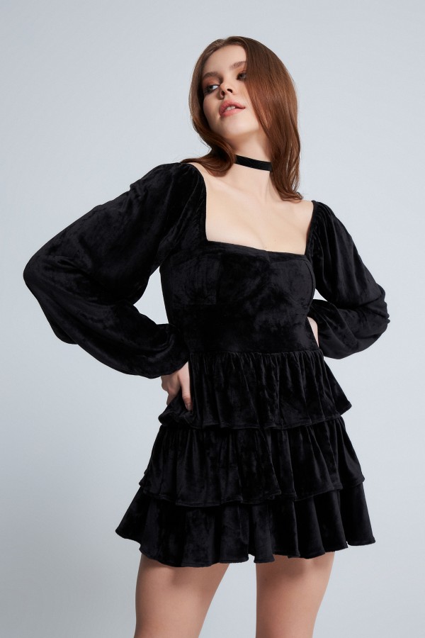 LONG SLEEVE LAYER VELVET DRESS BLACK - 2