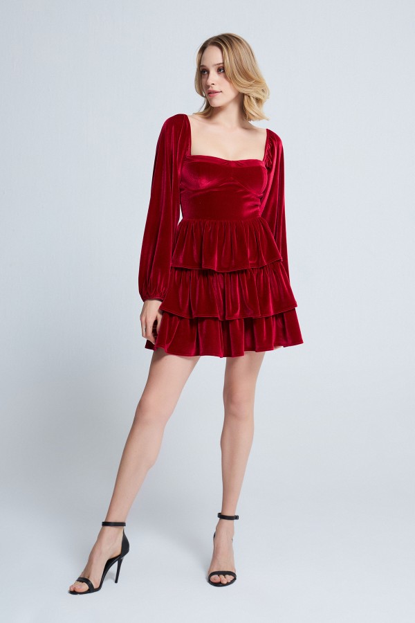 LONG SLEEVE LAYER VELVET DRESS RED - 2