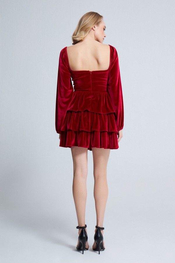 LONG SLEEVE LAYER VELVET DRESS RED - 3