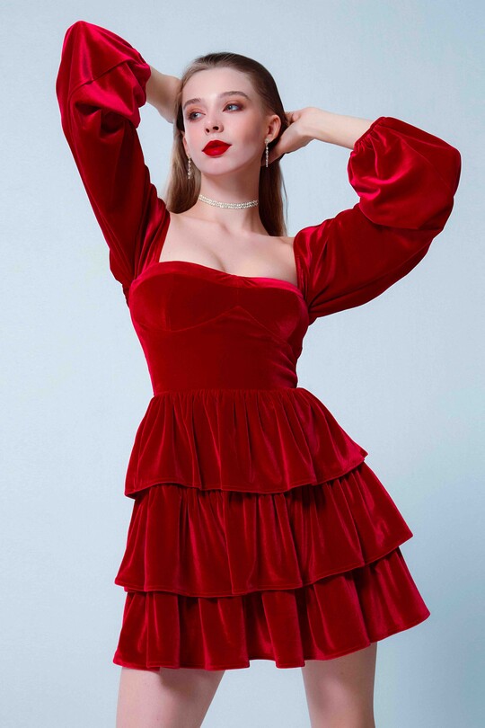 LONG SLEEVE LAYER VELVET DRESS RED - 1