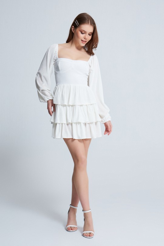 LONG SLEEVE LAYER VELVET DRESS WHITE - 1