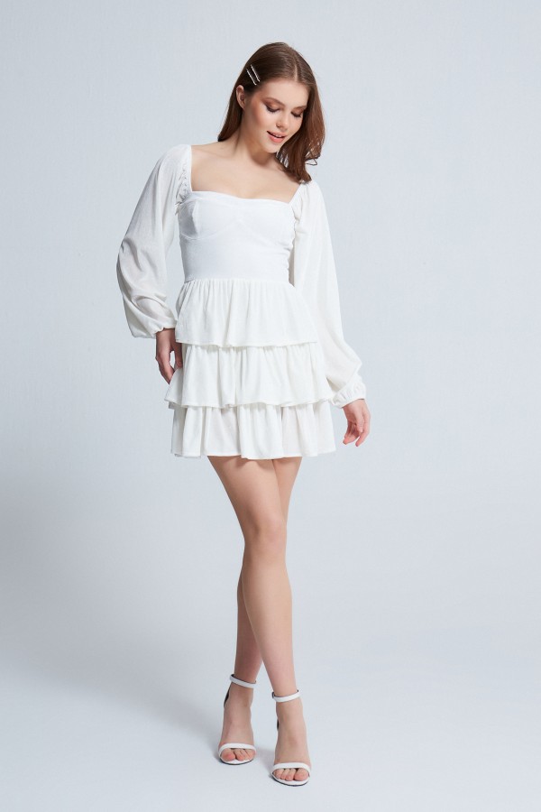 LONG SLEEVE LAYER VELVET DRESS WHITE - 1