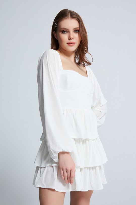 LONG SLEEVE LAYER VELVET DRESS WHITE - 2