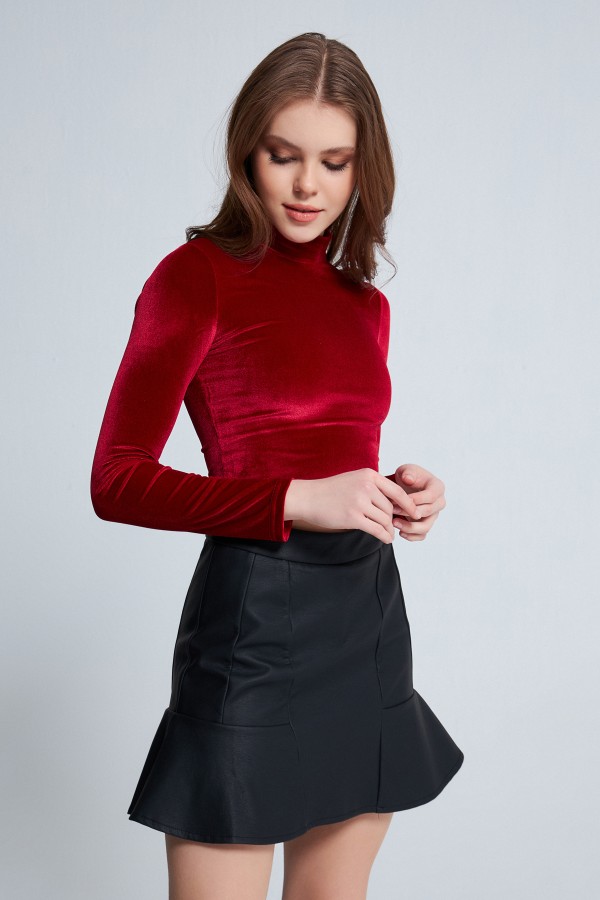 LONG SLEEVE VELVET BLOUSE RED - 2