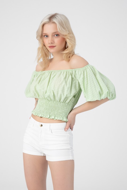 LOW SHOULDER ELASTIC BLOUSE - 1