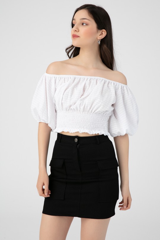 LOW SHOULDER ELASTIC BLOUSE 