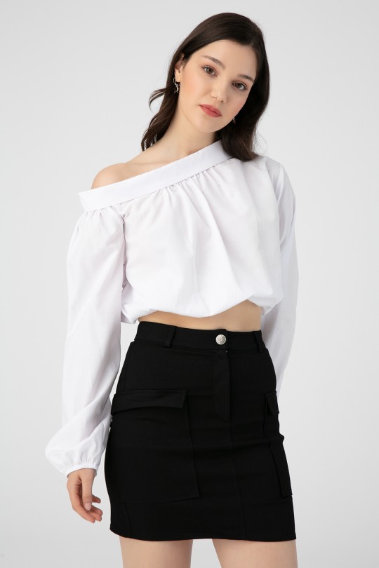 LOW SHOULDER ELASTIC BLOUSE - 1