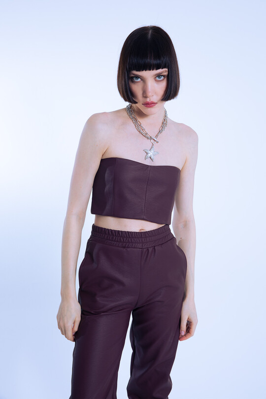 MAROON STRAPLESS SHORT LEATHER BUSTIER 