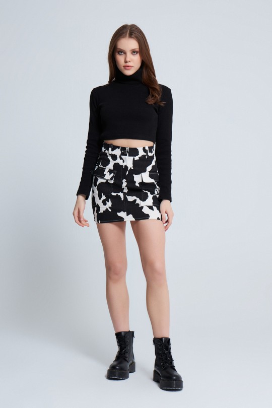 MILA PATTERNED DENIM SKIRT WITH POCKETS BLACK/WHITE 