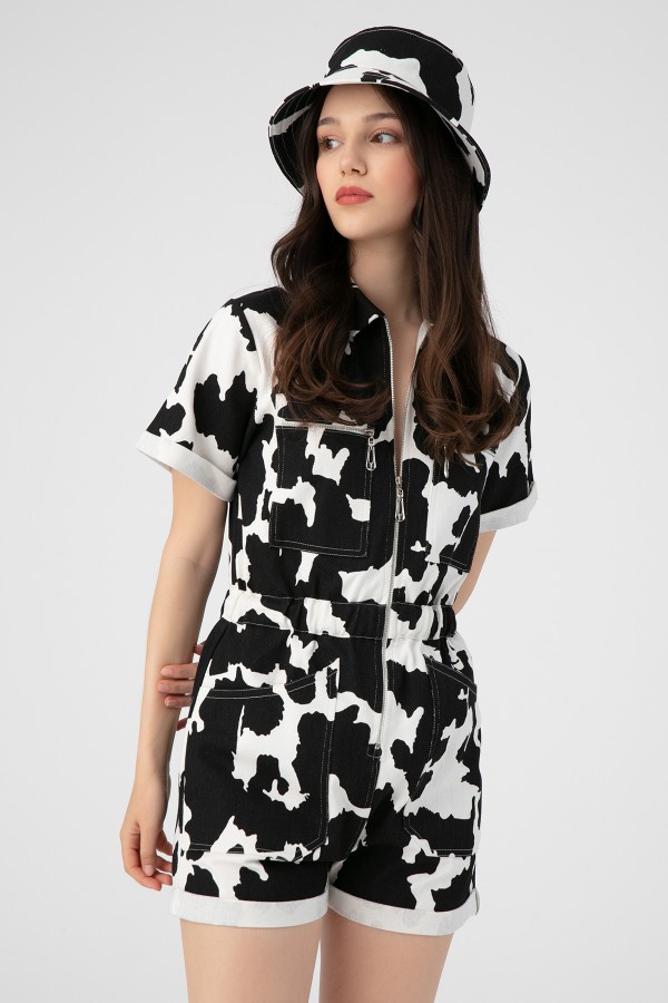 MILA PATTERNED DENIM FRONT ZIPPER JUMPSUIT WITH SHORTS BLACK - 4