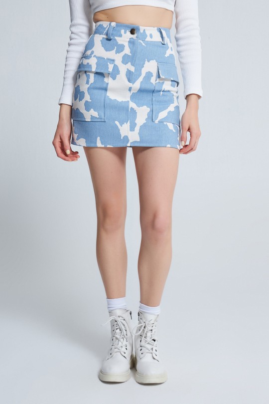 MILA PATTERNED DENIM SKIRT WITH POCKETS BLUE/WHITE - 2