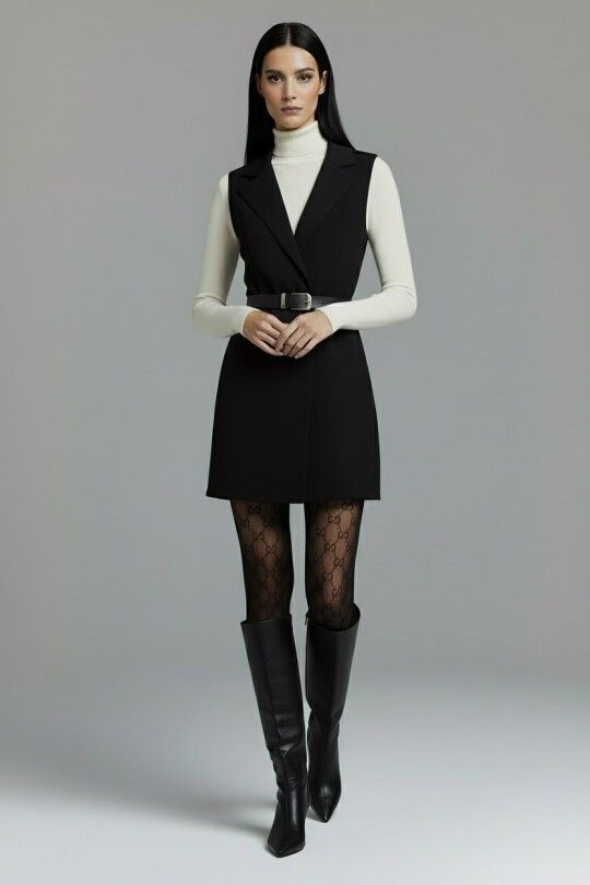 Mini-Westenkleid mit schwarzem Kragen und einem Knopf - 6