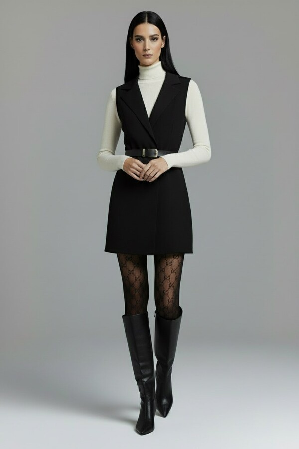 Mini-Westenkleid mit schwarzem Kragen und einem Knopf - 6