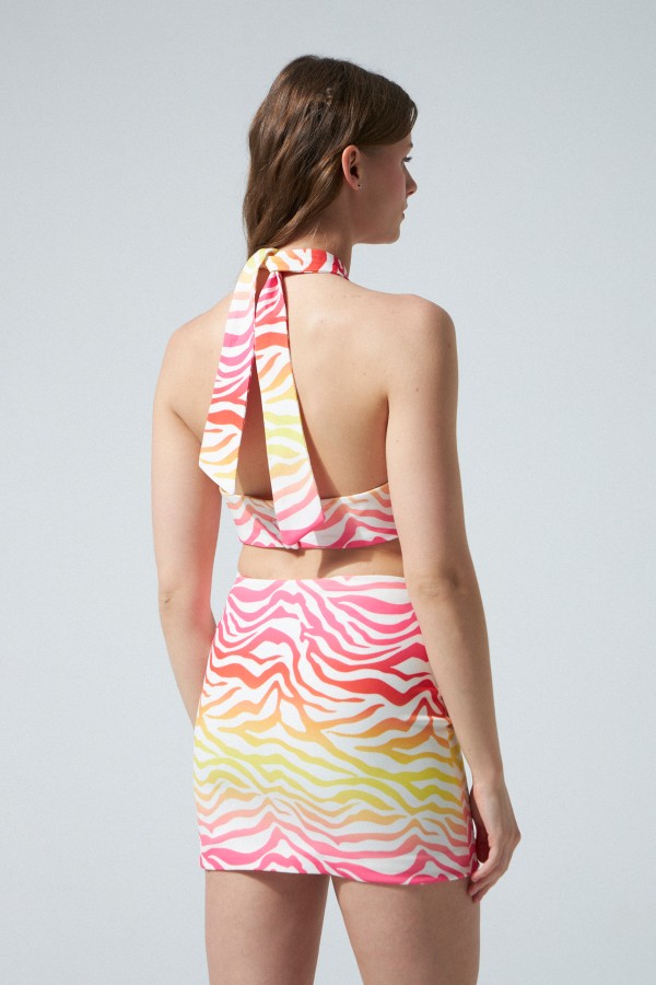 Multicolor Print Halter Neck Dress with Front Buckle - 3