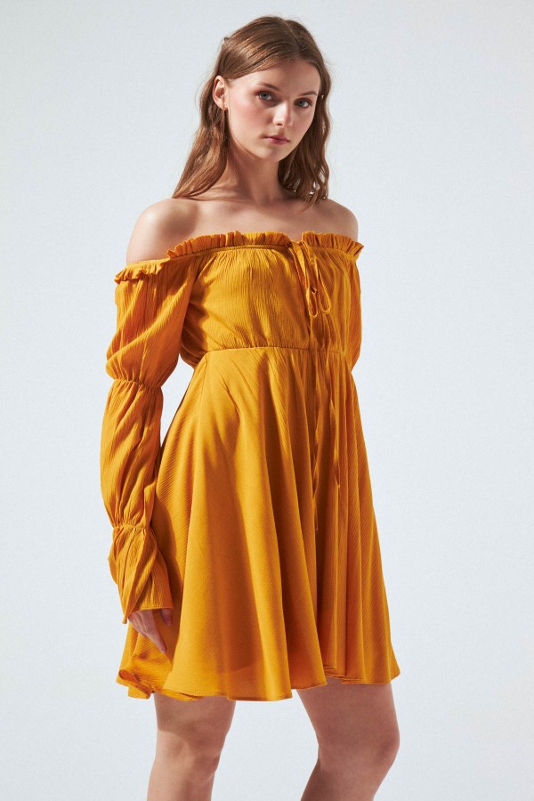 MUSTARD TIE LONG SLEEVE CRINKLE DRESSMUSTARD - 2