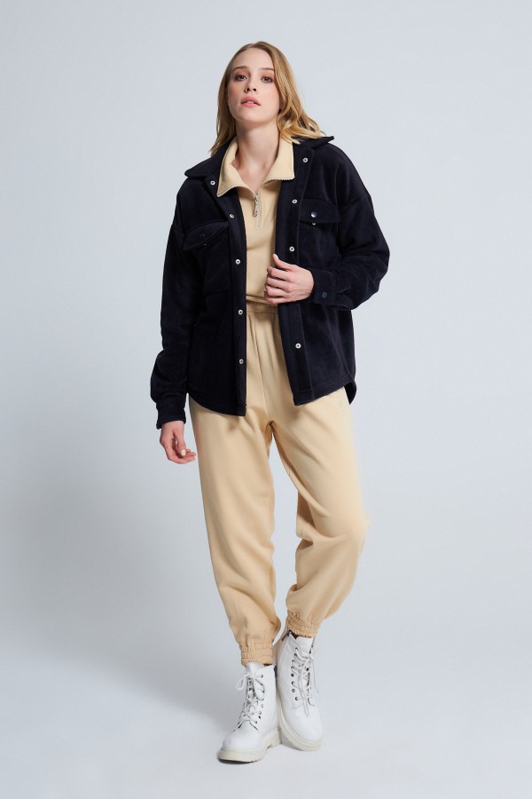 NAVY BLUE SNAP BUTTON FLEECE JACKET - 2