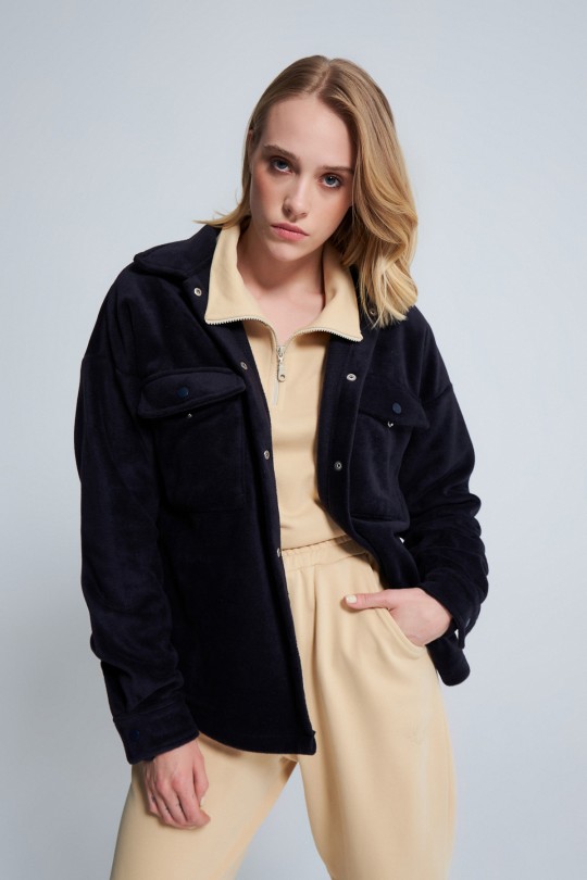 NAVY BLUE SNAP BUTTON FLEECE JACKET - 3