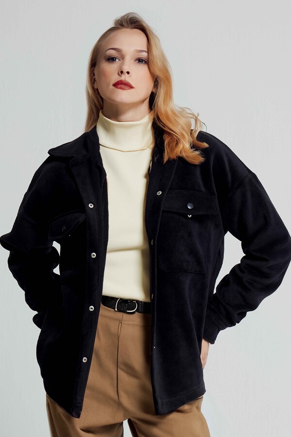 NAVY BLUE SNAP BUTTON FLEECE JACKET - 1