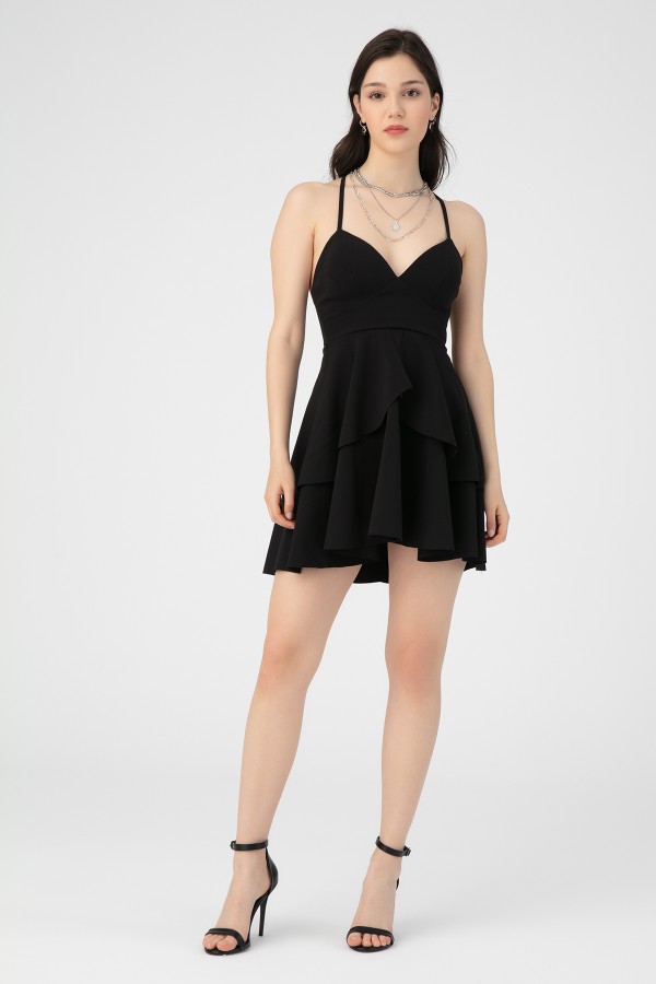 BLACK OPEN BREAST BACK DETAIL MINI DRESS - 4