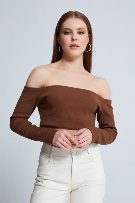 BROWN OPEN SHOULDER LONG SLEEVE CROP - 1
