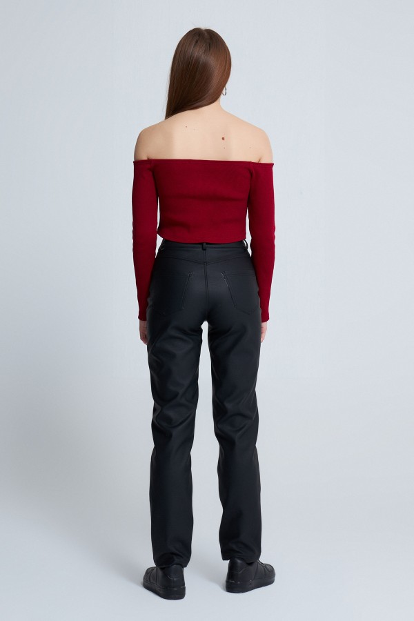 BURGUNDY OPEN SHOULDER LONG SLEEVE CROP - 3