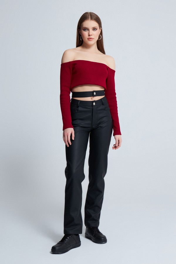 BURGUNDY OPEN SHOULDER LONG SLEEVE CROP - 2
