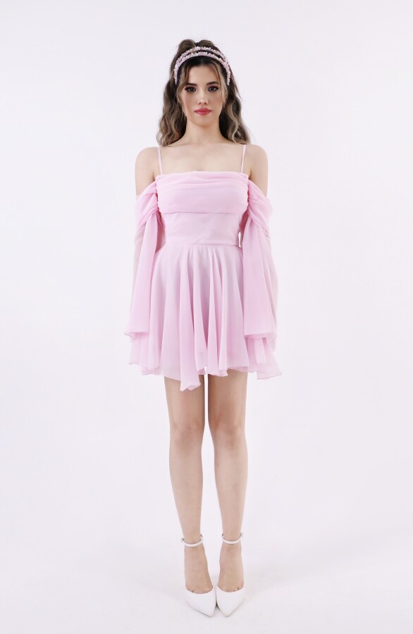 PEMBE ASKILI UZUN KOLLU ETEĞİ VOLANLI ŞİFON ELBİSE - 6