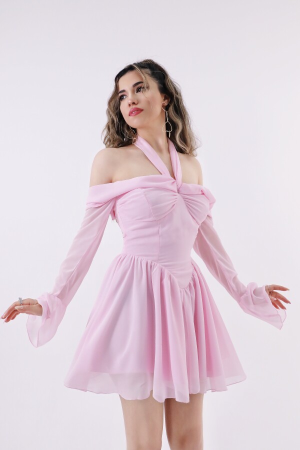 PEMBE ÖNÜ BAĞLAMALI UZUN KOLLU ŞİFON MİNİ ELBİSE - 6
