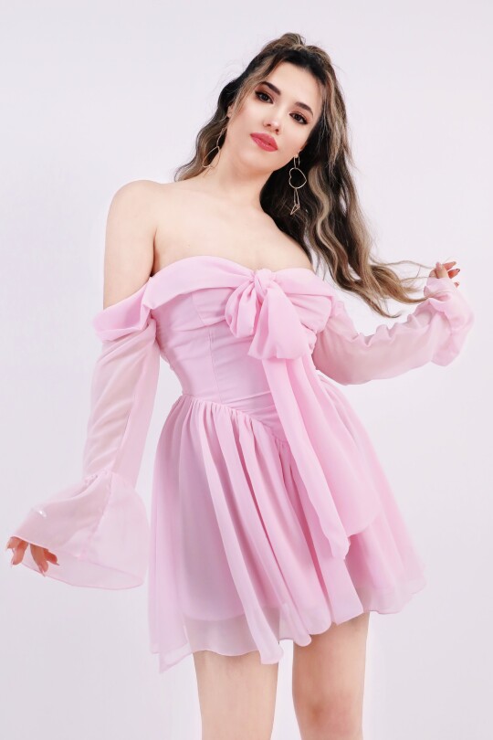 PEMBE ÖNÜ BAĞLAMALI UZUN KOLLU ŞİFON MİNİ ELBİSE - 7