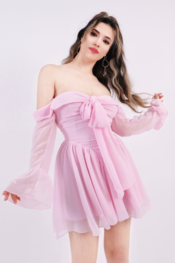 PEMBE ÖNÜ BAĞLAMALI UZUN KOLLU ŞİFON MİNİ ELBİSE - 7