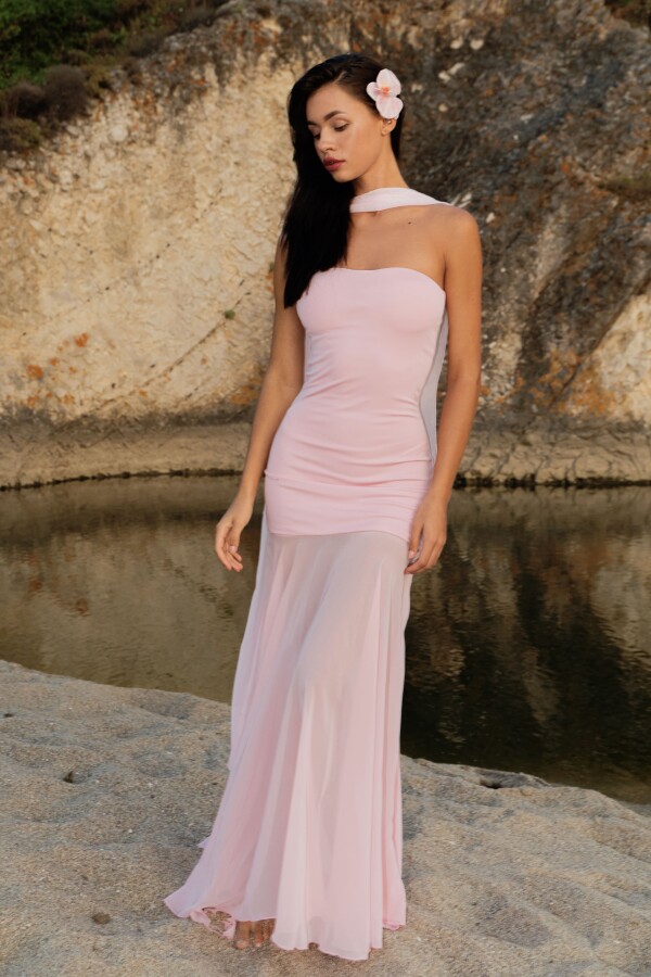 PEMBE STRAPLEZ ALTI ŞİFON ELBİSE - 2