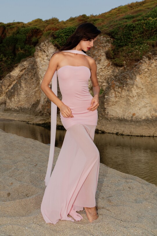 PEMBE STRAPLEZ ALTI ŞİFON ELBİSE - 1