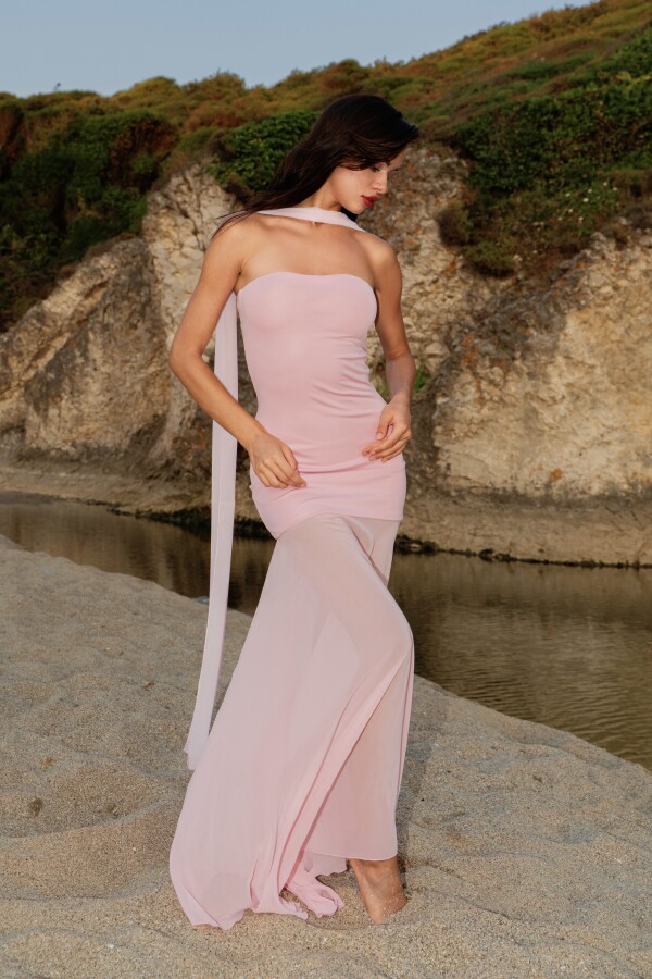 PEMBE STRAPLEZ ALTI ŞİFON ELBİSE - 1