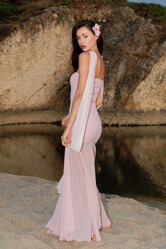 PEMBE STRAPLEZ ALTI ŞİFON ELBİSE - 4