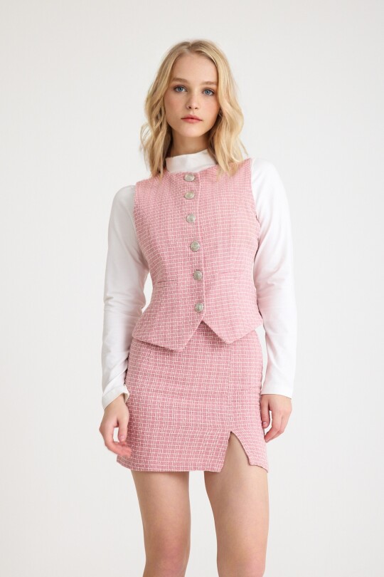 Pink and white crew neck tweed vest - BERFUĞ KIRAN